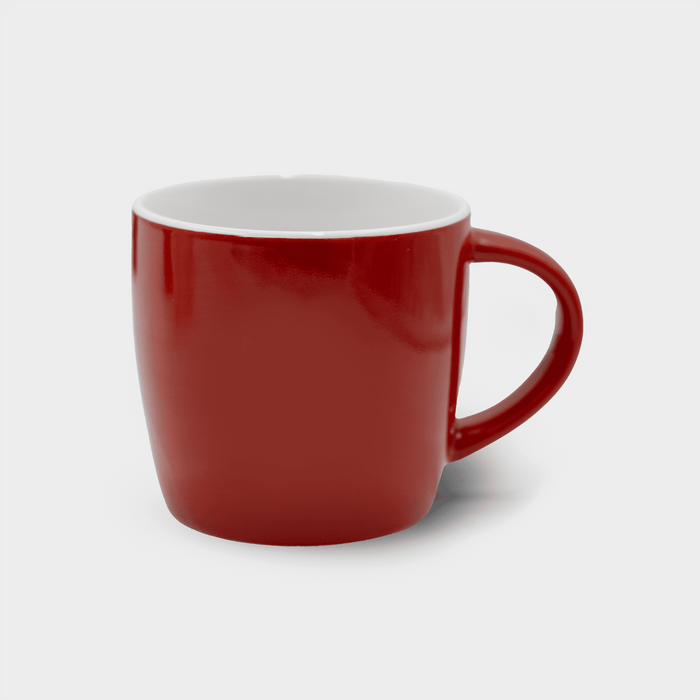 The Maxwell 330ml Ceramic Mug - A ceramic mug in bright red with a white interior and a curved handle. It features a logo.