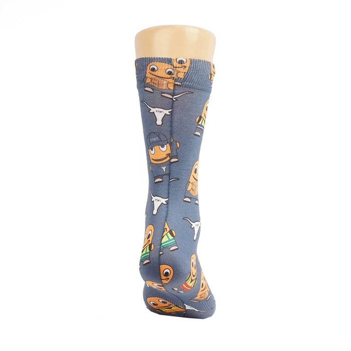 Magic Dress Socks - A blue sock featuring playful cartoon characters and designs in orange and white. It has a logo displayed on it.