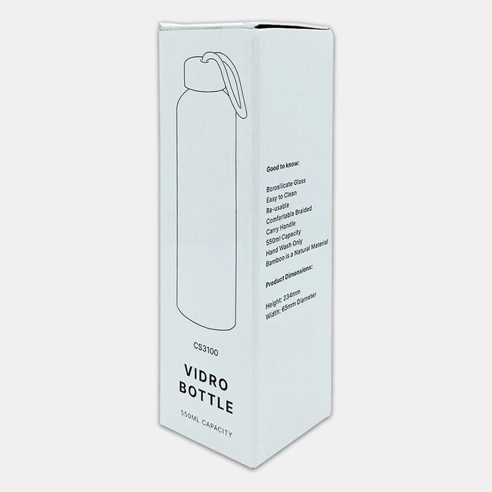 Vidro 550ml Bottle - A drink bottle in a white cardboard box, featuring a logo and information about its 550ml capacity.