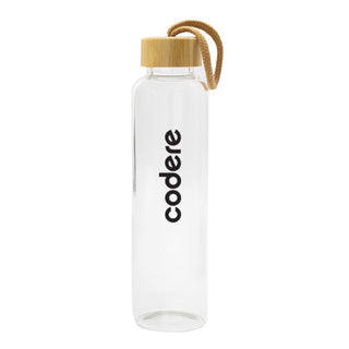 Vidro 550ml Bottle - A drink bottle with a clear body, wooden cap, and a rope handle, featuring a logo.