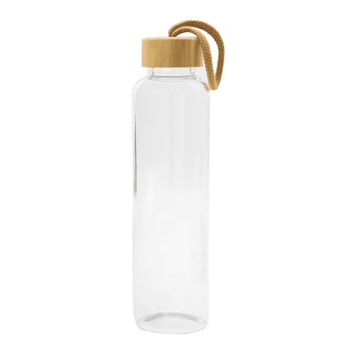 Vidro 550ml Bottle - A drink bottle with a clear body and bamboo lid, featuring a rope handle for easy carrying.