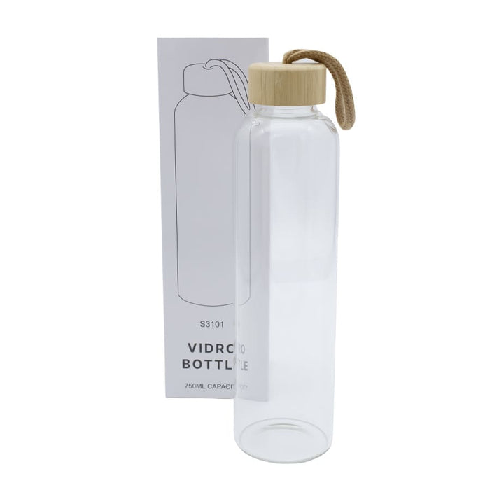 Vidro 750ml Bottle - A drink bottle with a clear glass body, wooden lid, and a rope loop, showcasing a minimalist design.