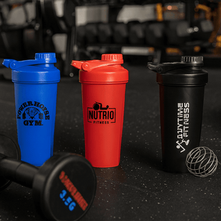 Power 600ml Shaker Cup - A drink bottle set featuring blue, red, and black shaker cups, each with a logo and a secure lid.