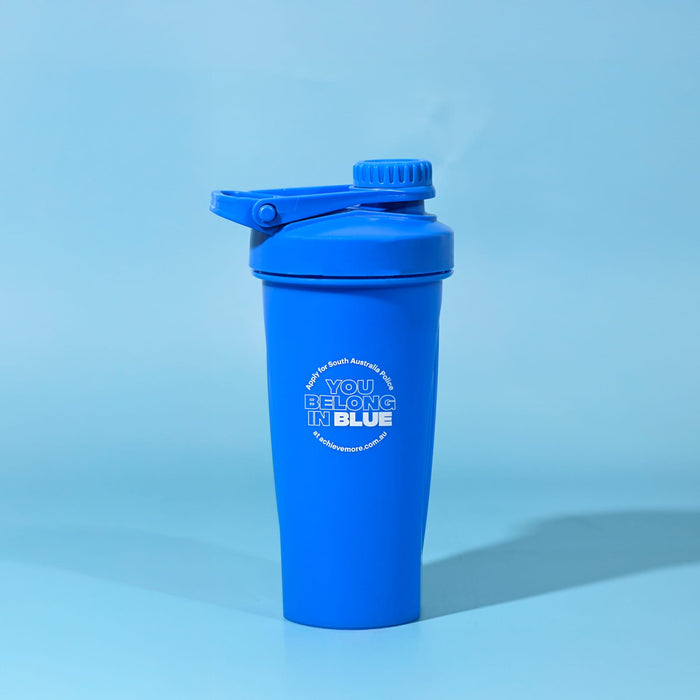 Power 600ml Shaker Cup - A drink bottle in vibrant blue with a screw-on lid and a small spout, featuring a logo.