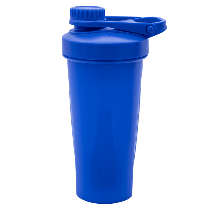Power 600ml Shaker Cup - A drink bottle with a blue exterior and a lid, featuring a clip and a measuring scale inside.