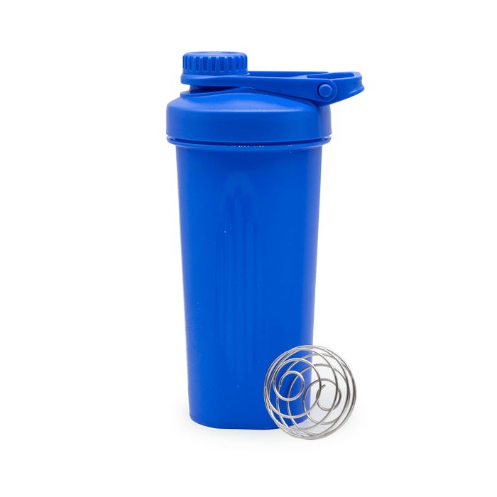 Power 600ml Shaker Cup - A drink bottle in blue, featuring a secure lid and a stainless steel whisk ball beside it.