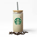 Carnaby 500ml Tumbler - A drink bottle with a wooden lid and metal straw, featuring a logo, surrounded by coffee beans.