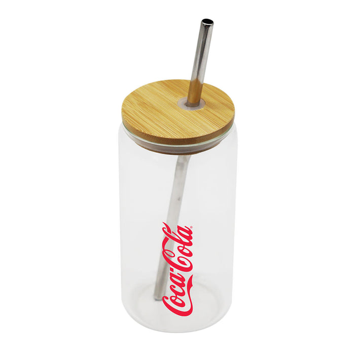 Carnaby 500ml Tumbler - A drink bottle features a clear body, bamboo lid, and metal straw, with a logo on the side.