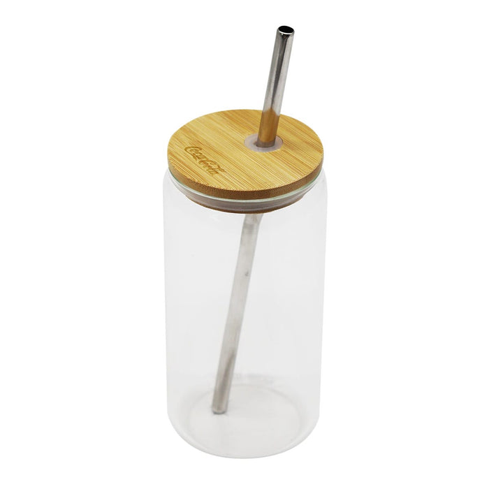 Carnaby 500ml Tumbler - A drink bottle with a clear body, stainless steel straw, and bamboo lid. Features a logo on the lid.