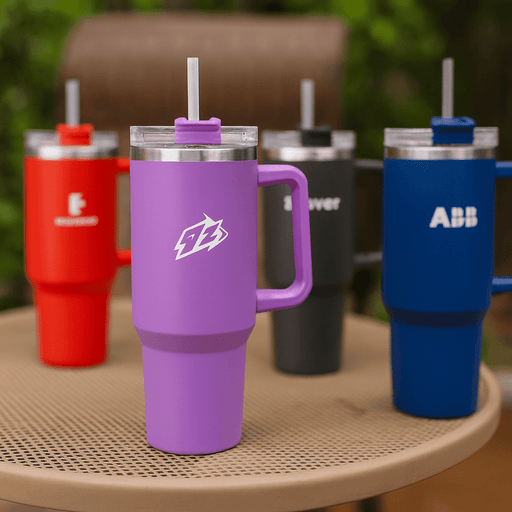 The Hippo 1.2L Mug - A drink bottle with a purple body and a transparent lid, featuring a straw, alongside red, black, and blue bottles, each with a logo.