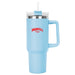 The Hippo 1.2L Mug - A drink bottle in light blue with a clear lid and straw, featuring a logo on the front.