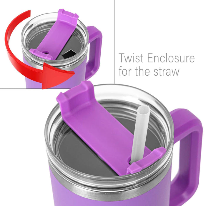 The Hippo 1.2L Mug - A drink bottle in purple featuring a twist enclosure for a straw and a clear lid. It has a handle for easy carrying.