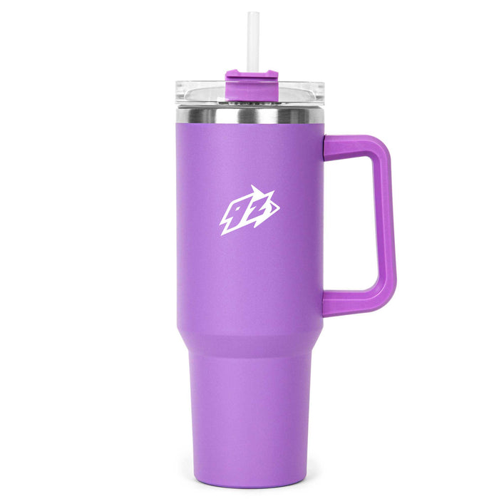 The Hippo 1.2L Mug - A drink bottle featuring a purple exterior, a clear lid, and a reusable straw with a handle. It has a logo on it.