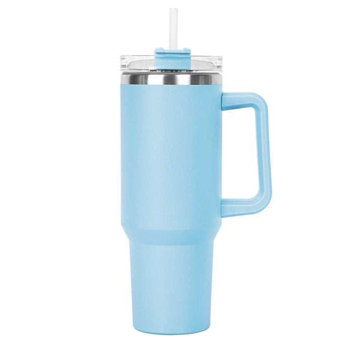 The Hippo 1.2L Mug - A drink bottle in light blue with a stainless steel rim and a clear lid featuring a straw.