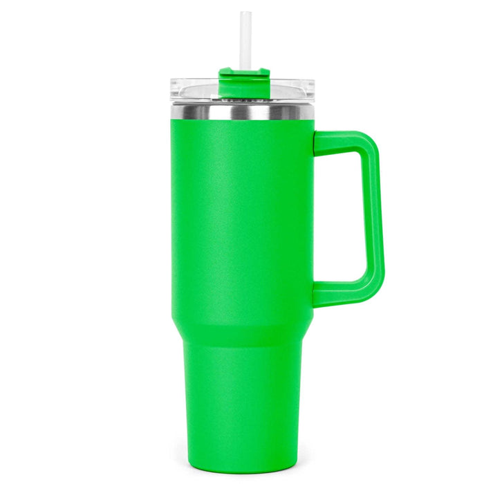 The Hippo 1.2L Mug - A drink bottle in bright green with a transparent lid and straw, featuring a sturdy handle and metallic accents.