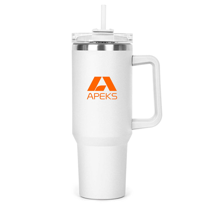 The Hippo 1.2L Mug - A drink bottle in white with a clear lid and straw, featuring a logo. It has a sturdy handle for easy carrying.