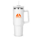 The Hippo 1.2L Mug - A drink bottle in white with a clear lid and straw, featuring a logo. It has a sturdy handle for easy carrying.