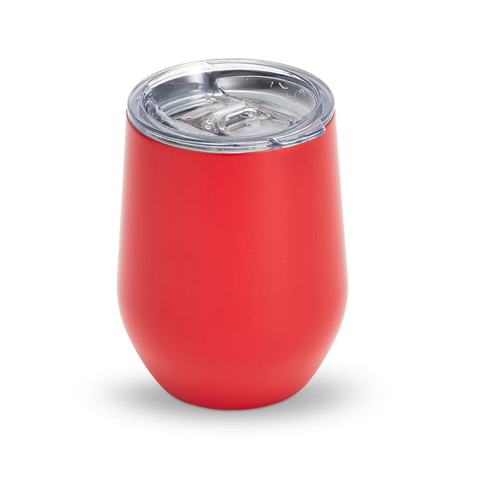 Zen Mirror Finish Mugs (350mL) - A red plastic tumbler with a clear lid, featuring a smooth, Zen mirror finish. It also has a logo on its surface.