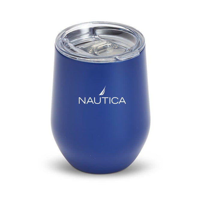 Zen Mirror Finish Mugs (350mL) - A drink bottle with a navy blue finish and a clear lid, featuring a logo on the front.