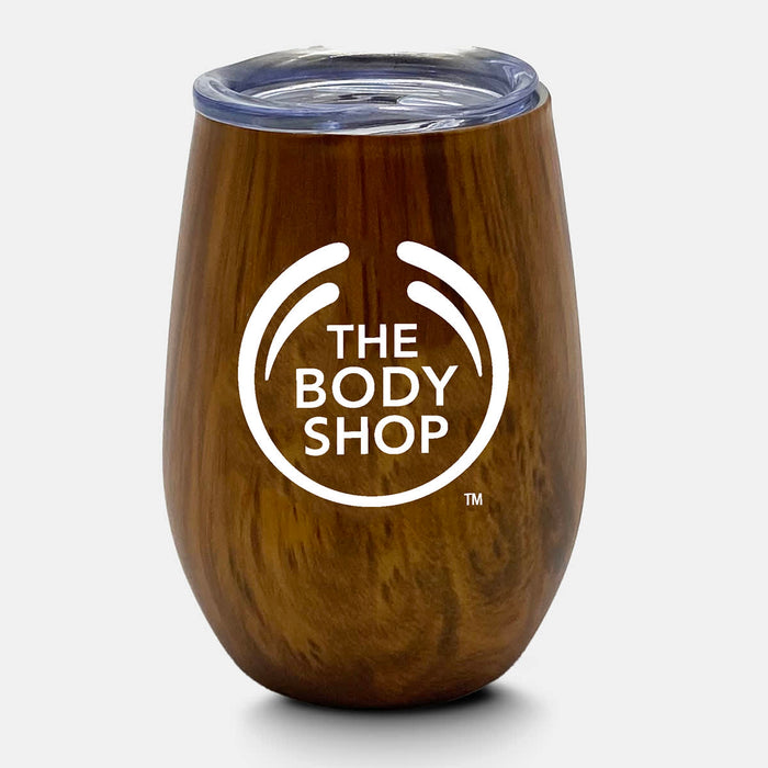 Ecograin Mirror Finish 230mL Calm Cup - A drink cup with a mirror finish in a wood effect, featuring a clear lid and a logo.
