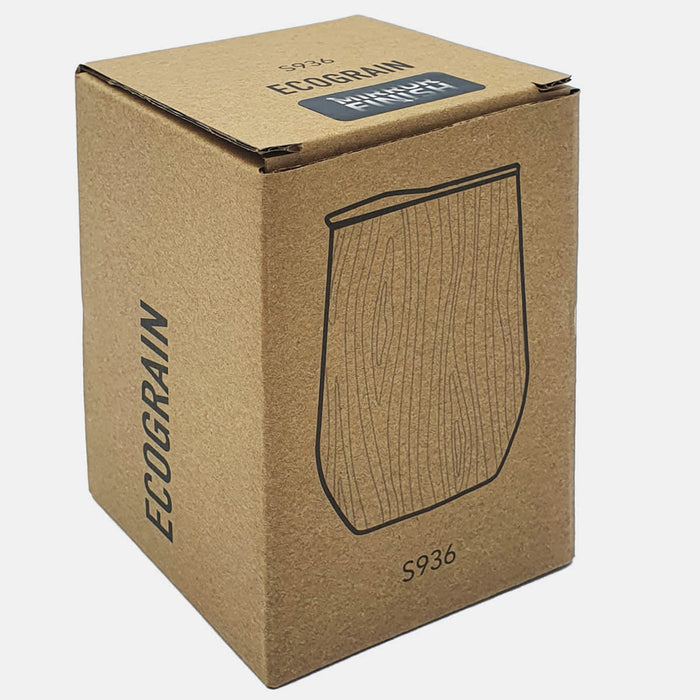 Ecograin Mirror Finish 230mL Calm Cup - A drink bottle in a cardboard box, featuring an eco-friendly design with a wood grain texture.