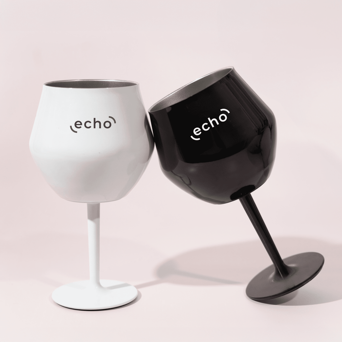Shiraz Detachable Wine Glass - Two detachable wine glasses in black and white, featuring a logo on each, positioned together.