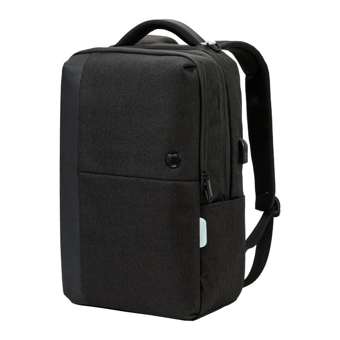 Swissdigital Arosa Backpack - A sleek black backpack featuring multiple compartments and a branding logo. It has padded shoulder straps for comfort.