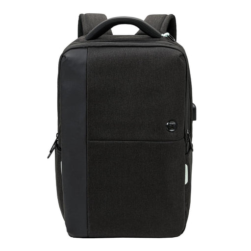 Swissdigital Arosa Backpack - A black backpack with a sleek design, featuring a front pocket and a handle on top. It has a branding logo.