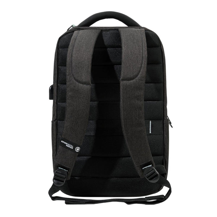 Swissdigital Arosa Backpack - A black Swissdigital Arosa Backpack featuring padded straps and a sleek design, with a branding logo on the side.