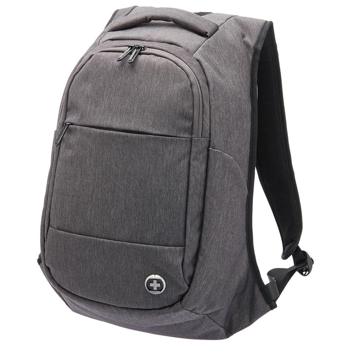 Swissdigital Bolt Anti-Theft Backpack - A grey anti-theft backpack featuring multiple compartments and a logo on the front.