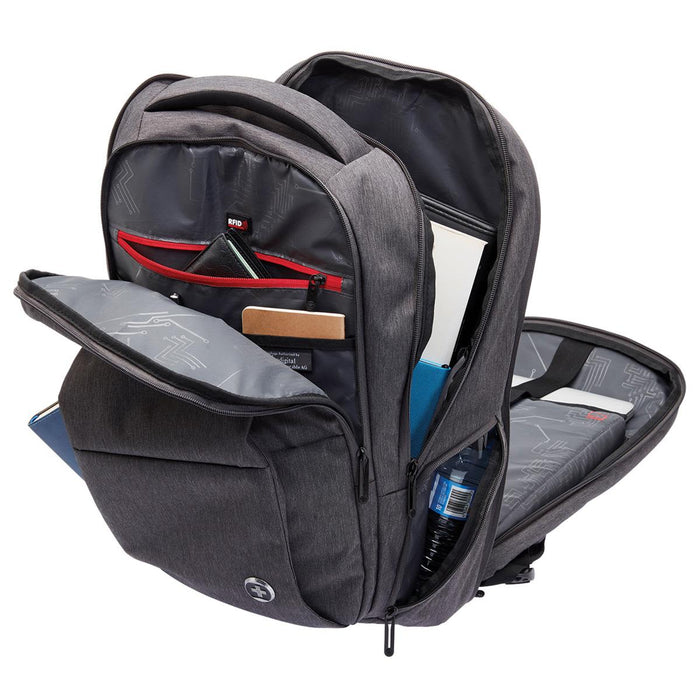 Swissdigital Commander Backpack - A grey backpack with multiple compartments, including sections for a laptop, notebooks, and a drink bottle.