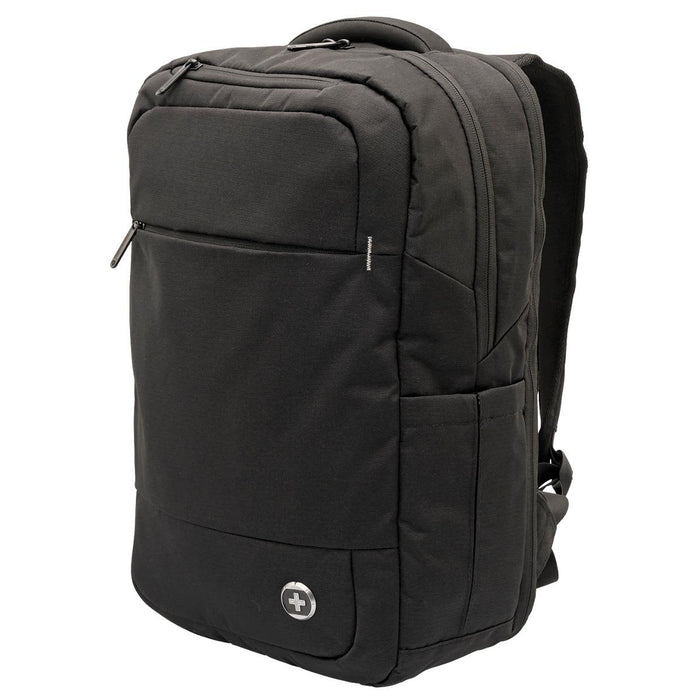 Swissdigital Calibre Backpack - A black laptop backpack with a front pocket and side compartments, featuring a logo on the front.