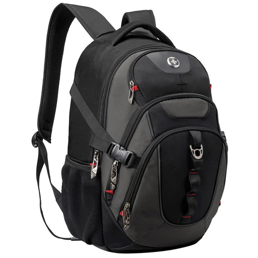 Swissdigital Vector Backpack - A black Swissdigital Vector Backpack featuring multiple compartments and a logo, designed for carrying laptops.