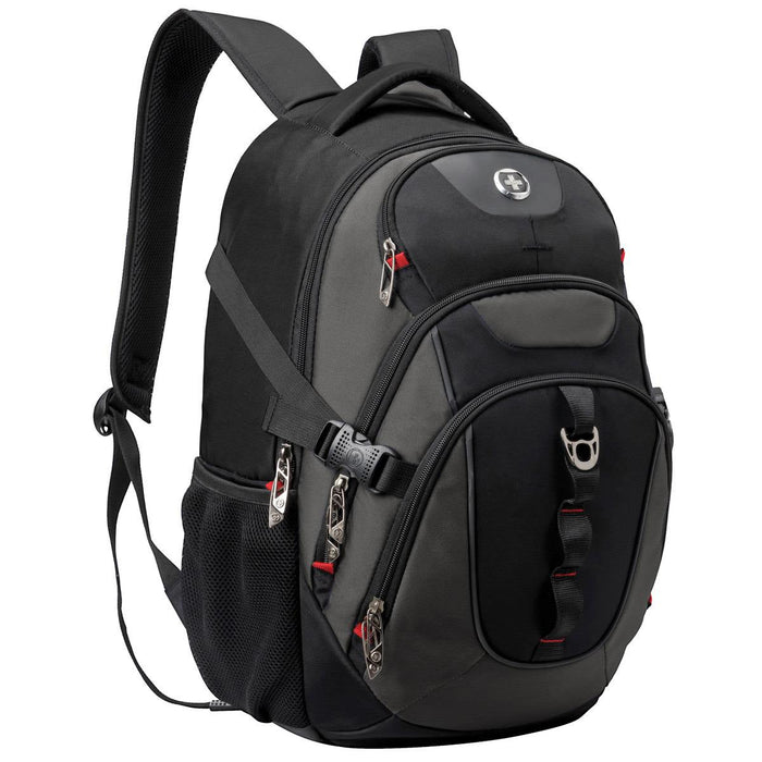 Swissdigital Vector Backpack - A black Swissdigital Vector Backpack featuring multiple compartments and a logo, designed for carrying laptops.
