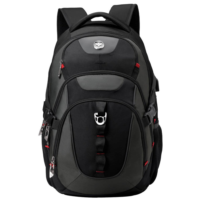 Swissdigital Vector Backpack - A black and grey Swissdigital Vector Backpack with several compartments and a logo on the front.