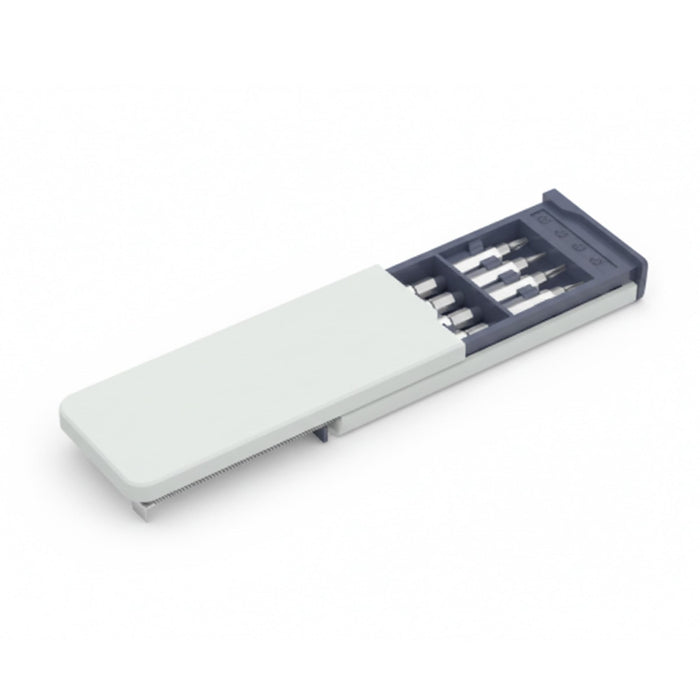 Screwdriver Tape Measure - A screwdriver tape measure in grey and dark blue, featuring various screwdriver bits in a compact case.