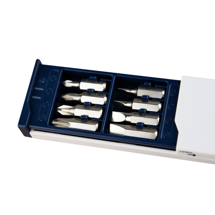 Screwdriver Tape Measure - A Screwdriver Tape Measure featuring a white casing with a blue drawer, containing eight metal screwdriver bits.
