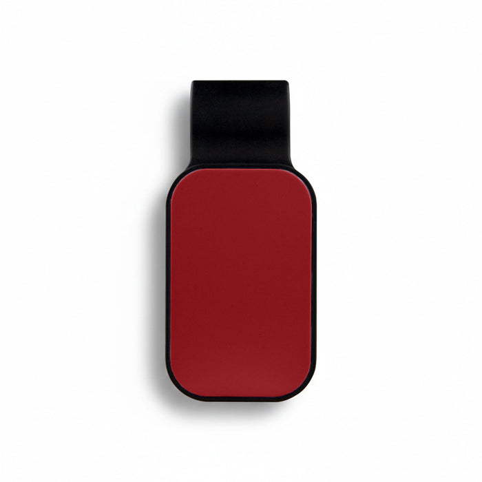 Car Visor Sunglass Holder - A car visor sunglass holder in red with a black mount. Features a smooth surface and a simple design, includes branding.