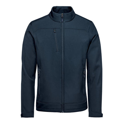 Men's Aleutian Softshell Jacket - A navy blue softshell jacket featuring a high collar and zipped pockets, with a logo on the chest.