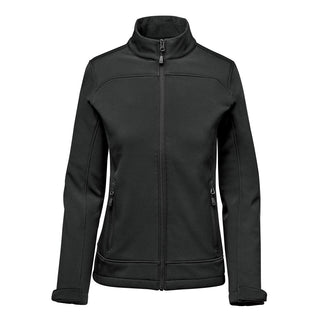 Women's Aleutian Softshell Jacket - A women's black softshell jacket with a zip front, high collar, and side pockets, featuring a logo.