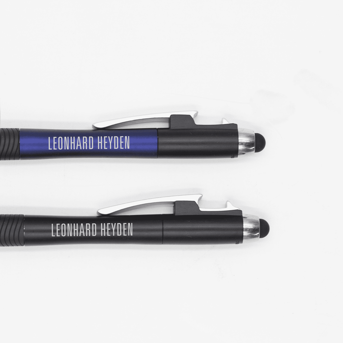 The Ironhide Pen - Two black pens with silver clips, featuring blue and grey accents, each with a logo and personalised name.