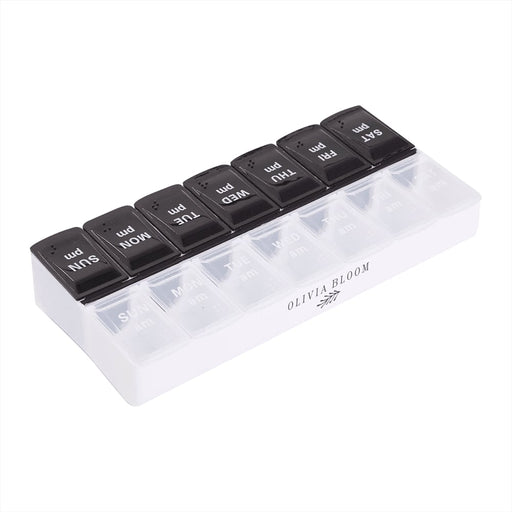 Recycled AM/PM Pill Case - A transparent AM/PM pill case with black lids labelled for each day of the week. It features a logo on the side.