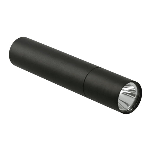 Rechargeable 1200mah Flashlight - A black rechargeable flashlight with a sleek cylindrical design, featuring a shiny lens at one end and a logo.