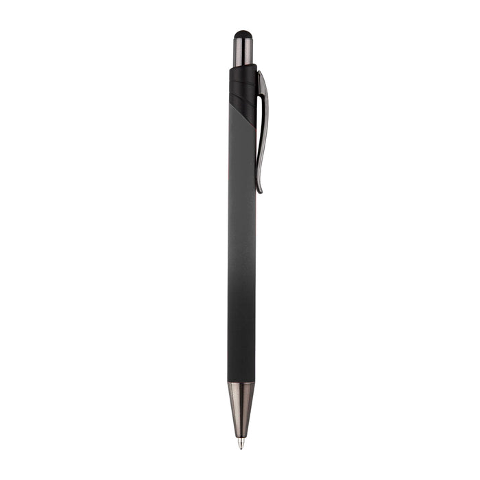 Volcano Stylus Metal Pen - A black metal pen with a sleek design and a clip, featuring a silver tip. It has a logo on the barrel.