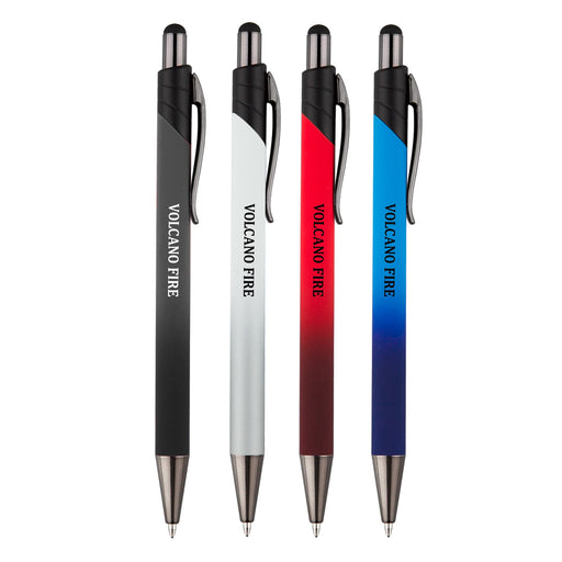 Volcano Stylus Metal Pen - A set of four metal pens in black, white, red, and blue, featuring a logo on each pen.