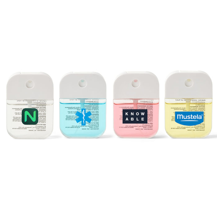 Scented 35ml Spray Sanitiser - Four 35ml spray sanitisers in various colours: blue, pink, yellow, and a clear liquid, each with a logo on the bottle.