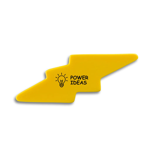 Stress Lightening Bolt - A yellow stress relief shape resembling a lightning bolt, featuring a light bulb design and a logo.