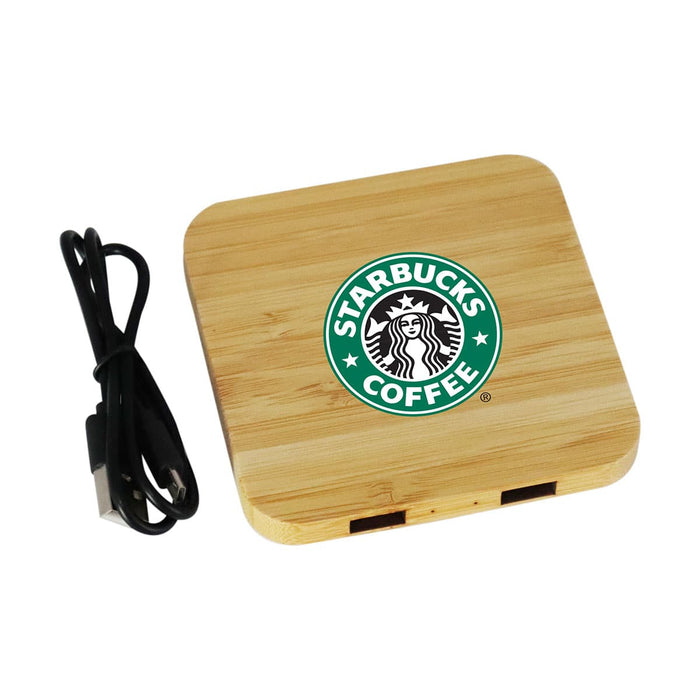 Trafalgar Bamboo charging dock - A bamboo charging dock in a square shape with a cable, featuring a logo on the surface.