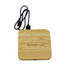 Trafalgar Bamboo charging dock - A bamboo wireless charging dock in natural wood finish, featuring a cable connected for charging, with a logo on the surface.