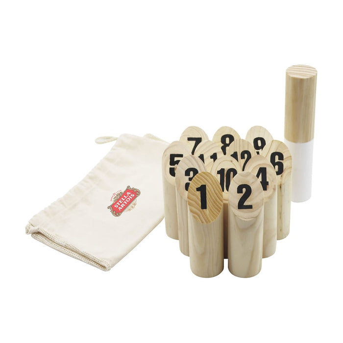 Skittle Throw - A set of wooden skittles with numbers, featuring a drawstring bag for storage. The skittles are natural wood colour.